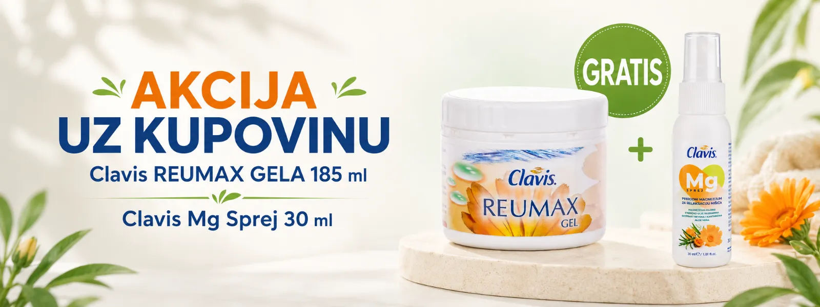 Reumax Gel 185ml + Clavis Mg Sprej 30 ml _1600 x600